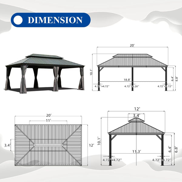 English Elm 12' X 20' Hardtop Gazebo - Durable Outdoor Metal Canopy With Curtains, Netting & Aluminum Frame, Grey W1859S00157