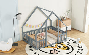 English Elm Full House-Shaped Floor Bed with Fence and Guardrails, Pine Wood Play Loft for Imaginative Kids Retreat Grey W504P143293