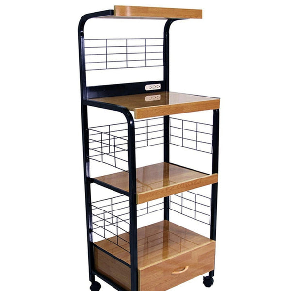English Elm 59.5" Tall 4-Tier Microwave Kitchen Cart with Drawer, Wheels & Dual Outlets - Black/Natural Mobility and Storage B072115977