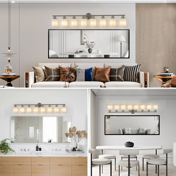 English Elm 52" Modern 8-Light Vanity Wall Sconce – Brushed Nickel & Frosted Glass, Ideal For Bathrooms & Hallways W2312P374812