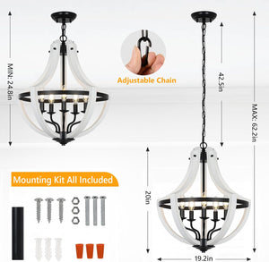 English Elm 5-Light Farmhouse Chandelier Vintage Geometric Wooden Frame Metal Fixture for Dining Room Foyer White W2738P242329