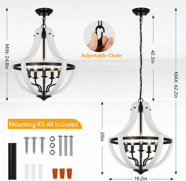 English Elm 5-Light Farmhouse Chandelier Vintage Geometric Wooden Frame Metal Fixture for Dining Room Foyer White W2738P242329