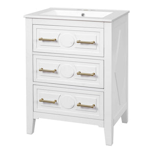 English Elm 24'' Bathroom Vanity with Ceramic Sink and 3 Drawers Retro Solid Wood Frame Freestanding Storage White N710P371184K