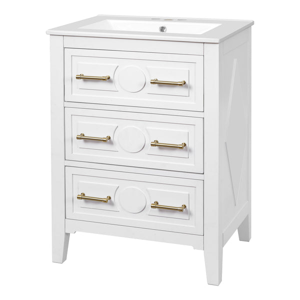 English Elm 24'' Bathroom Vanity with Ceramic Sink and 3 Drawers Retro Solid Wood Frame Freestanding Storage White N710P371184K