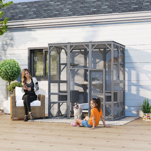 English Elm Outdoor Fir Wood Cat Enclosure Three Tier Six Platform Habitat with Waterproof Roof W1598P390796