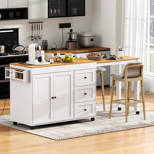 English Elm K&K 43.3" Kitchen Island with 27.6" Extendable Dining Table, Power Outlet, 7 Wheels, Ample Storage White N707P303401W