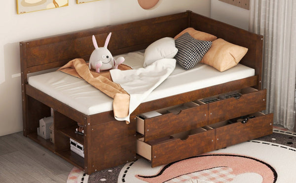 English Elm Twin Daybed with Two Pull Out Drawers and Open Shelves for Small Bedroom Storage Walnut LP102022AAD