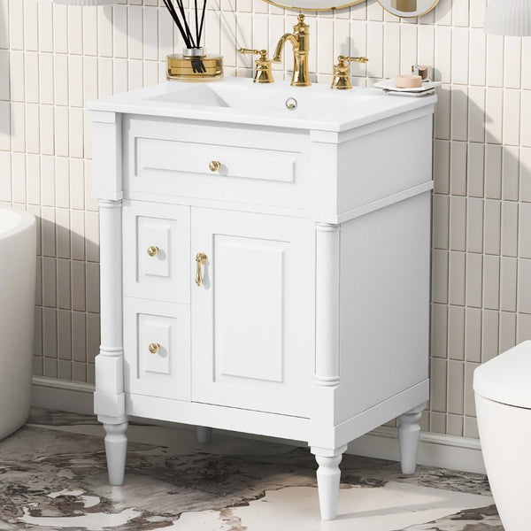 English Elm 24 Inch Freestanding Vanity with Ceramic Sink Rubberwood Frame Matte Finish Storage White N725P356058K