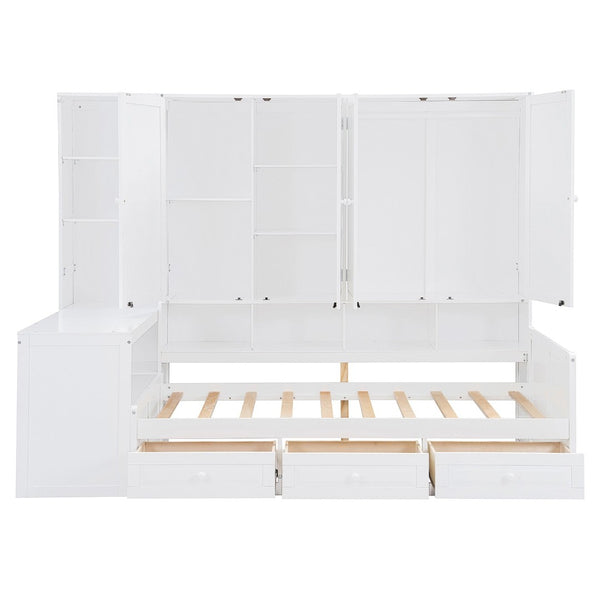 English Elm Twin Size Daybed With Storage Drawers, Desk & Shelves - Stylish Space-Saving Furniture In White N820S00054K-GIGA