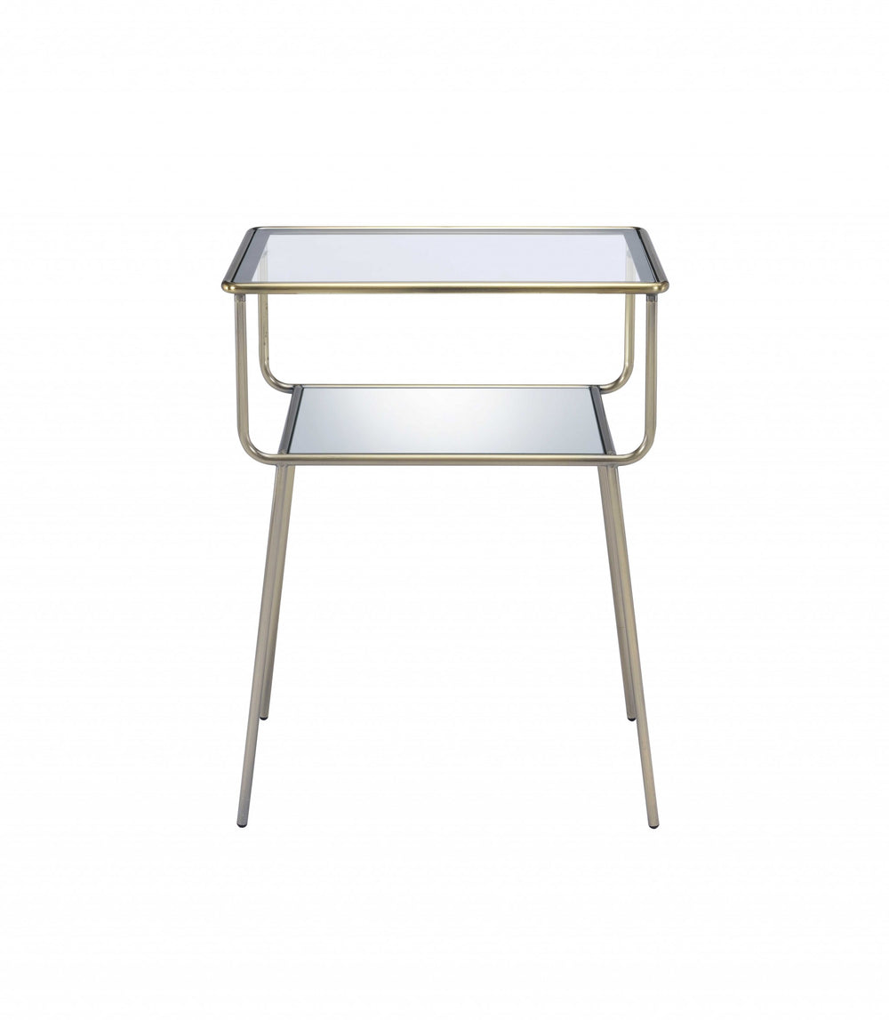 Homeroots 25" Antique Brass And Clear Glass End Table With Shelf   319006