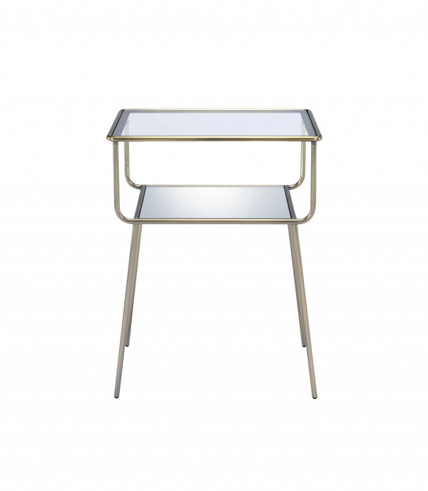 Homeroots 25" Antique Brass And Clear Glass End Table With Shelf   319006