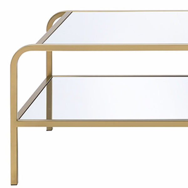 HomeRoots 52" Glamorous Clear Glass Coffee Table with Gold Iron Base & Stylish Storage Shelf for Modern Living 319007
