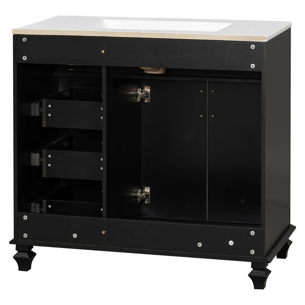 English Elm 36" Modern Bathroom Vanity with Ceramic Sink, Gold Handles, Flip-Out Drawer & Soft-Close Doors Black N725P283623B