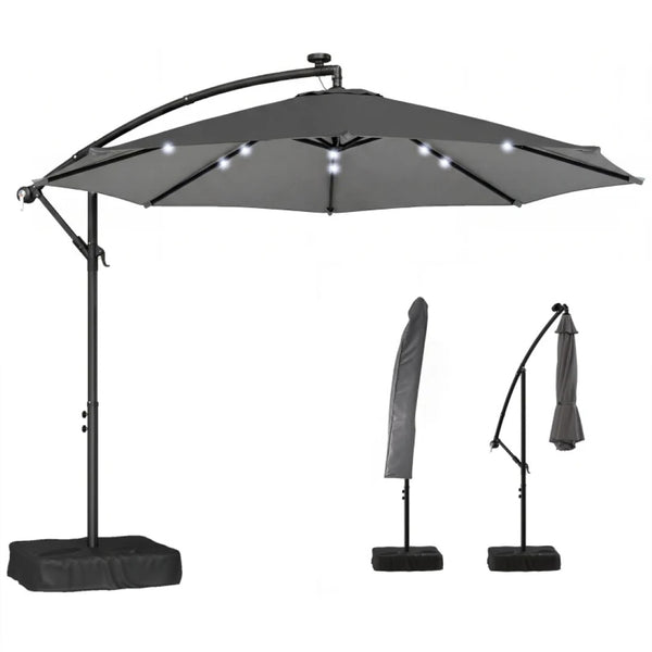 English Elm Garden Cantilever Patio Umbrella with Solar Led Lights and Upf30 Polyester Canopy Dark Gray T3971P481952