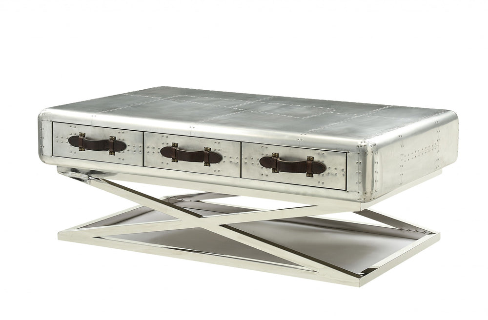 Homeroots 51" Silver Aluminum Coffee Table With Three Drawers   319024
