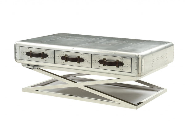 Homeroots 51" Silver Aluminum Coffee Table With Three Drawers   319024