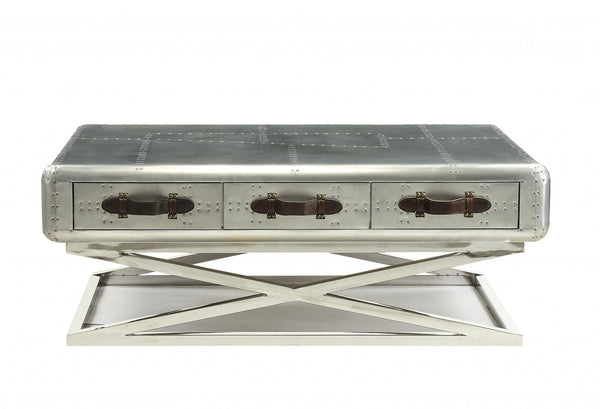 Homeroots 51" Silver Aluminum Coffee Table With Three Drawers   319024