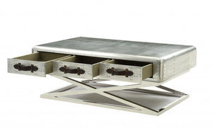 Homeroots 51" Silver Aluminum Coffee Table With Three Drawers   319024