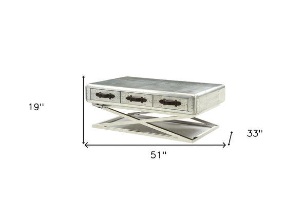 Homeroots 51" Silver Aluminum Coffee Table With Three Drawers   319024