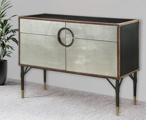 HomeRoots 52" Elegant Leather and Aluminum Console Table with Two Drawers for Stylish Entryway Storage Solutions 319036