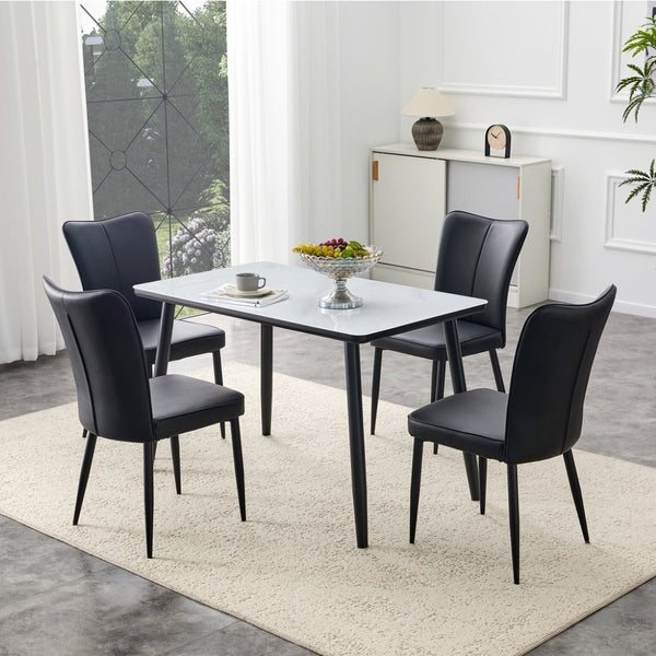 English Elm Table and Chair Set Modern Marble Glass Top with Black Metal Legs Pu Dining Chairs W1151S04659