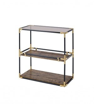 Homeroots 33" Black And Gold And Clear Glass End Table With Two Shelves With Magazine Holder   319051