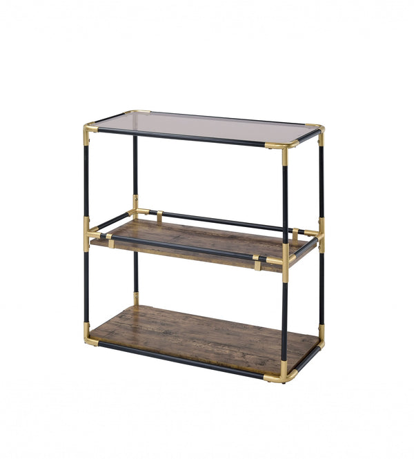 Homeroots 33" Black And Gold And Clear Glass End Table With Two Shelves With Magazine Holder   319051