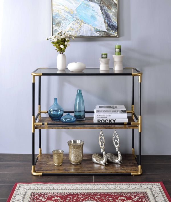 Homeroots 33" Black And Gold And Clear Glass End Table With Two Shelves With Magazine Holder   319051