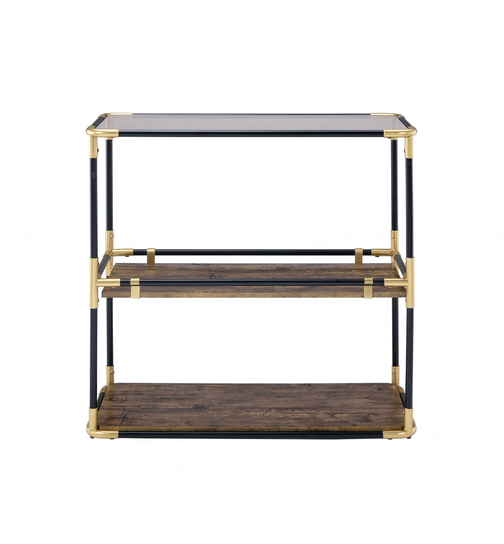 Homeroots 33" Black And Gold And Clear Glass End Table With Two Shelves With Magazine Holder   319051