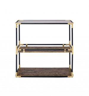 Homeroots 33" Black And Gold And Clear Glass End Table With Two Shelves With Magazine Holder   319051