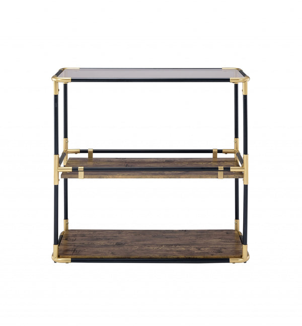 Homeroots 33" Black And Gold And Clear Glass End Table With Two Shelves With Magazine Holder   319051