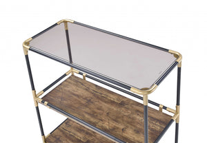 Homeroots 33" Black And Gold And Clear Glass End Table With Two Shelves With Magazine Holder   319051