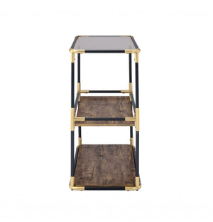 Homeroots 33" Black And Gold And Clear Glass End Table With Two Shelves With Magazine Holder   319051