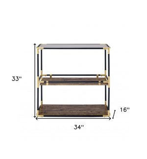Homeroots 33" Black And Gold And Clear Glass End Table With Two Shelves With Magazine Holder   319051