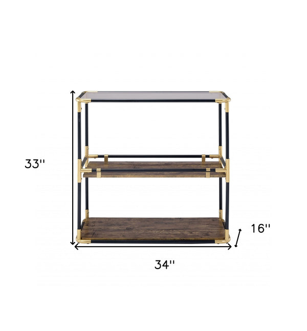 Homeroots 33" Black And Gold And Clear Glass End Table With Two Shelves With Magazine Holder   319051