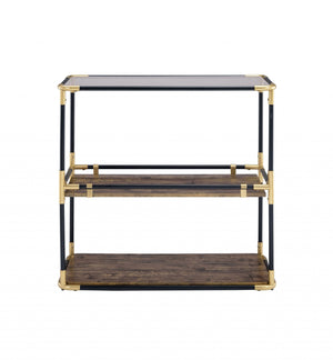 Homeroots 33" Black And Gold And Clear Glass End Table With Two Shelves With Magazine Holder   319051