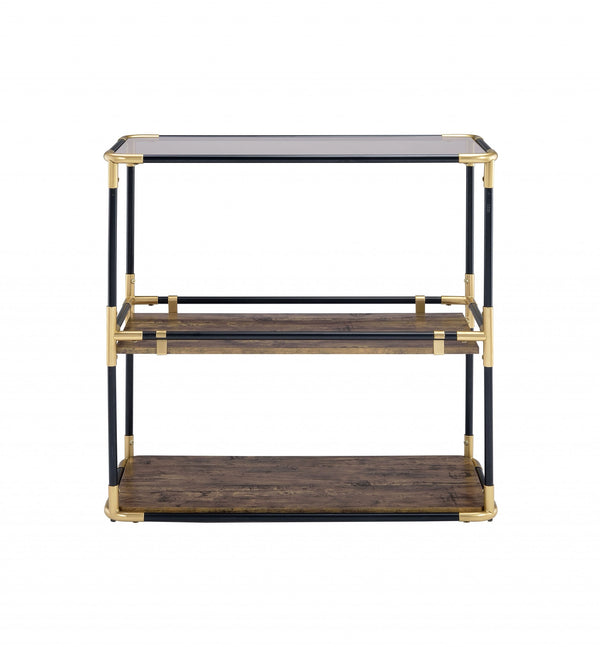 Homeroots 33" Black And Gold And Clear Glass End Table With Two Shelves With Magazine Holder   319051