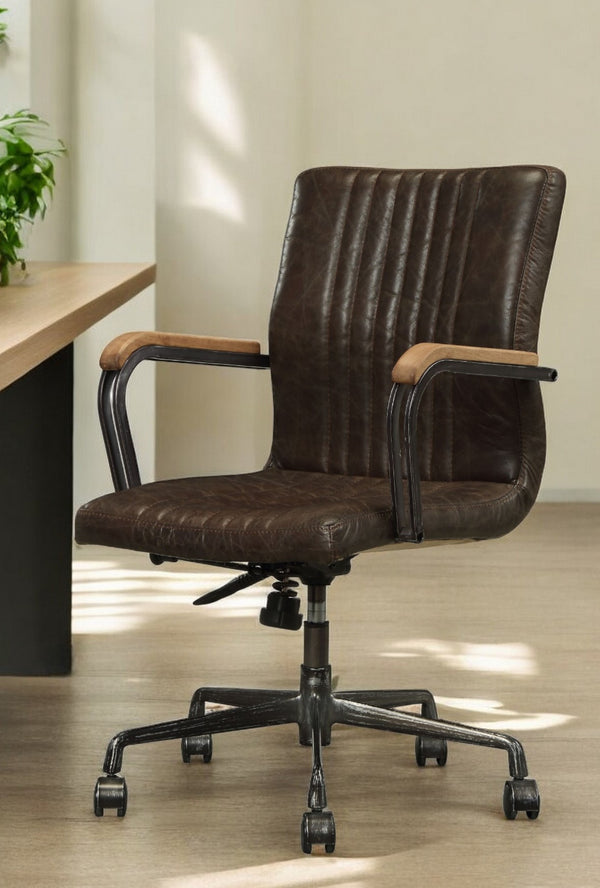 Homeroots Chocolate And Black Adjustable Swivel Leather Rolling Executive Office Chair  Leather 319064