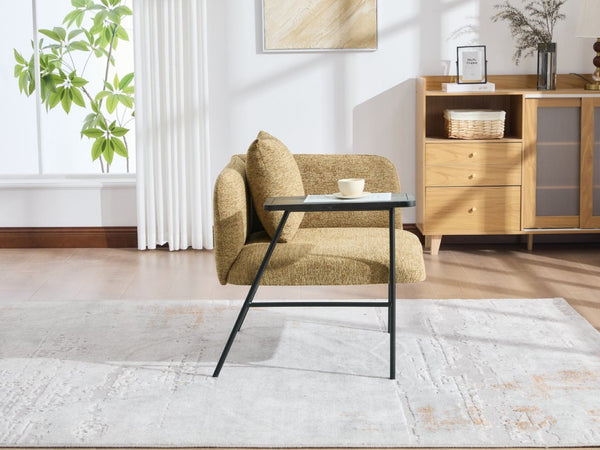English Elm Leisure Linen Accent Chair with Built-in Side Table Pockets and Lumbar Pillow Modern Yellow W395P453313