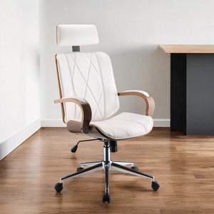 Homeroots 24" X 26" X 4649" White Leatherette And Walnut Office Chair  Polyurethane Foam 319082