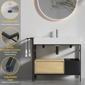 English Elm FORTE 36" Industrial Modular Bathroom Vanity with Durable Metal Frame, Quartz Basin, Soft-Close Drawer Oak,White W1865S00177