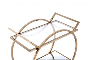 HomeRoots 33" Champagne Metal Tube Serving Cart - Luxurious Glass Top, Mirrored Shelf & Smooth Rolling Casters 319138
