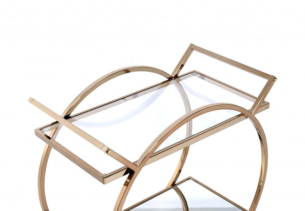 HomeRoots 33" Champagne Metal Tube Serving Cart - Luxurious Glass Top, Mirrored Shelf & Smooth Rolling Casters 319138