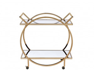 HomeRoots 33" Champagne Metal Tube Serving Cart - Luxurious Glass Top, Mirrored Shelf & Smooth Rolling Casters 319138