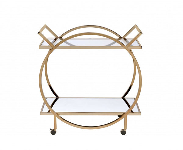 HomeRoots 33" Champagne Metal Tube Serving Cart - Luxurious Glass Top, Mirrored Shelf & Smooth Rolling Casters 319138