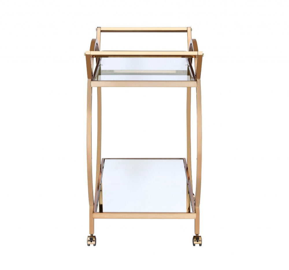 HomeRoots 33" Champagne Metal Tube Serving Cart - Luxurious Glass Top, Mirrored Shelf & Smooth Rolling Casters 319138
