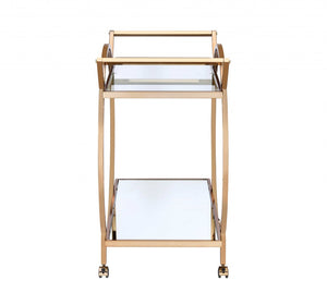 HomeRoots 33" Champagne Metal Tube Serving Cart - Luxurious Glass Top, Mirrored Shelf & Smooth Rolling Casters 319138