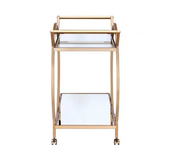 HomeRoots 33" Champagne Metal Tube Serving Cart - Luxurious Glass Top, Mirrored Shelf & Smooth Rolling Casters 319138