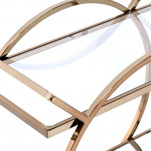 HomeRoots 33" Champagne Metal Tube Serving Cart - Luxurious Glass Top, Mirrored Shelf & Smooth Rolling Casters 319138