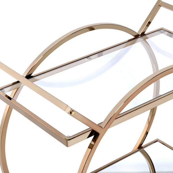 HomeRoots 33" Champagne Metal Tube Serving Cart - Luxurious Glass Top, Mirrored Shelf & Smooth Rolling Casters 319138